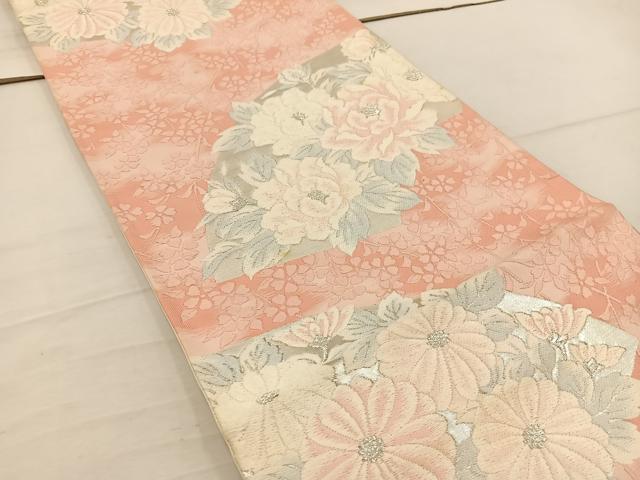 平和屋着物◎六通柄袋帯 唐織 地紙花文 銀糸 正絹 逸品 BAAV9313mz