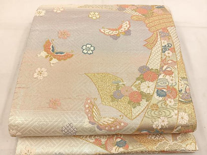 平和屋着物◎佐賀錦 六通柄袋帯 唐織 束ね熨斗鴛鴦花蝶文 金糸 正絹 逸品 BAAV9318mz