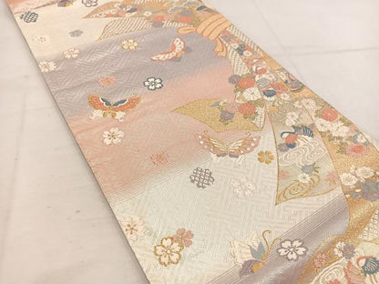 平和屋着物◎佐賀錦 六通柄袋帯 唐織 束ね熨斗鴛鴦花蝶文 金糸 正絹 逸品 BAAV9318mz