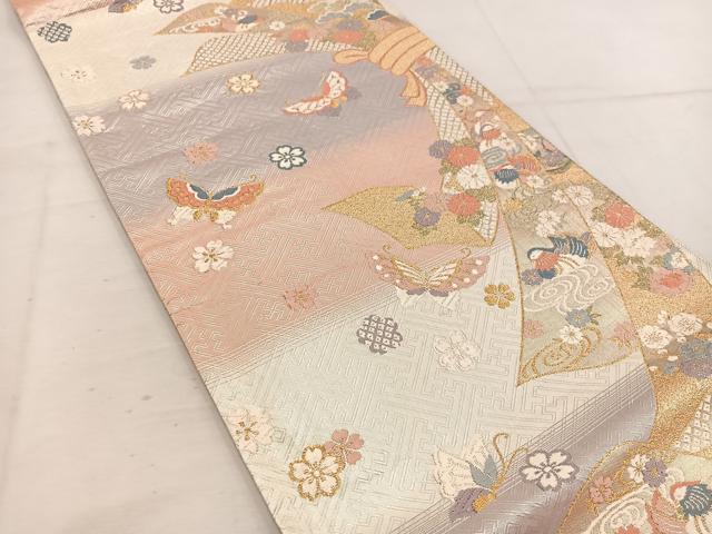 平和屋着物◎佐賀錦 六通柄袋帯 唐織 束ね熨斗鴛鴦花蝶文 金糸 正絹 逸品 BAAV9318mz