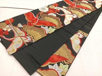 平和屋着物◎六通柄袋帯 唐織 飛鶴花文 黒地 金銀糸 正絹 逸品 BAAV9321mz