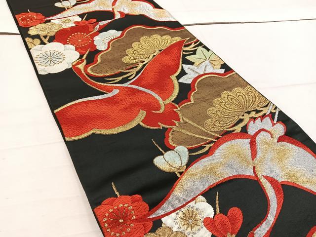 平和屋着物◎六通柄袋帯 唐織 飛鶴花文 黒地 金銀糸 正絹 逸品 BAAV9321mz