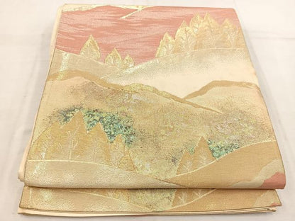 平和屋着物◎六通柄袋帯　遠山樹林文　金糸　正絹　逸品　BAAV9326mz
