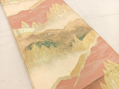 平和屋着物◎六通柄袋帯　遠山樹林文　金糸　正絹　逸品　BAAV9326mz