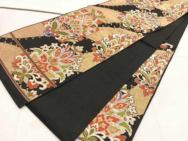 平和屋着物◎六通柄袋帯 唐織 作家物 更紗花文 黒地 金糸 正絹 逸品 BAAV9329mz