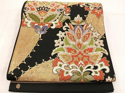 平和屋着物◎六通柄袋帯 唐織 作家物 更紗花文 黒地 金糸 正絹 逸品 BAAV9329mz
