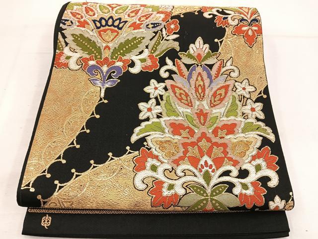 平和屋着物◎六通柄袋帯 唐織 作家物 更紗花文 黒地 金糸 正絹 逸品 BAAV9329mz