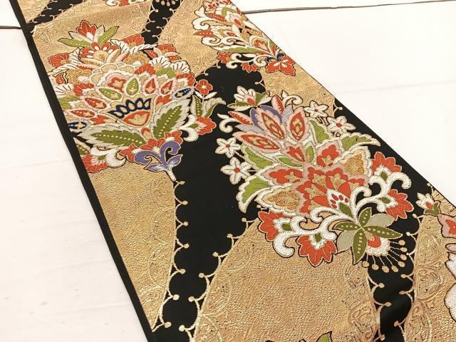 平和屋着物◎六通柄袋帯 唐織 作家物 更紗花文 黒地 金糸 正絹 逸品 BAAV9329mz