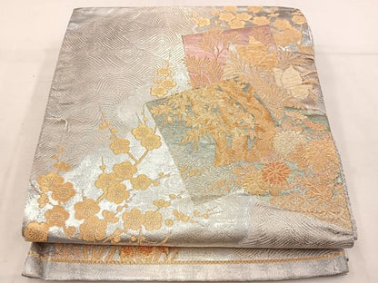 平和屋着物◎六通柄袋帯 色紙重ね花文 金糸 正絹 逸品 BAAV9332mz
