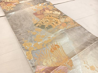 平和屋着物◎六通柄袋帯 色紙重ね花文 金糸 正絹 逸品 BAAV9332mz