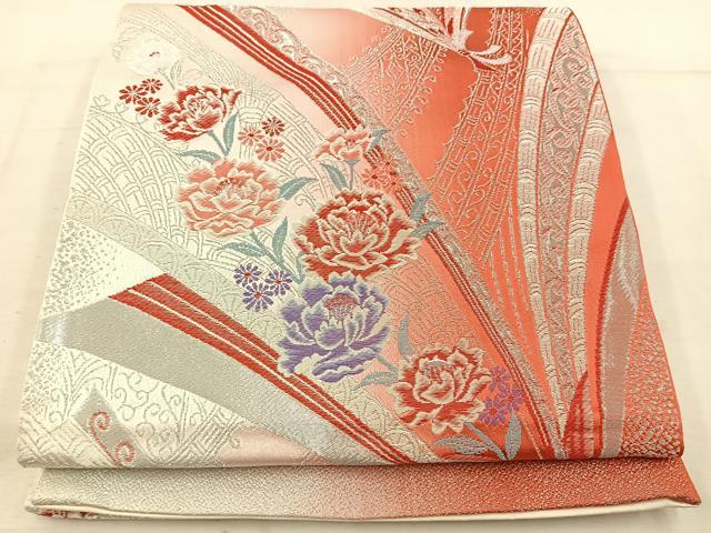 平和屋着物◎六通柄袋帯　枝花文　銀糸　BAAV9334mz
