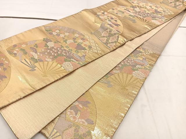平和屋着物◎佐賀錦　六通柄袋帯　唐織　九百錦　扇面孔雀花文　金糸　正絹　逸品　BAAV9337mz
