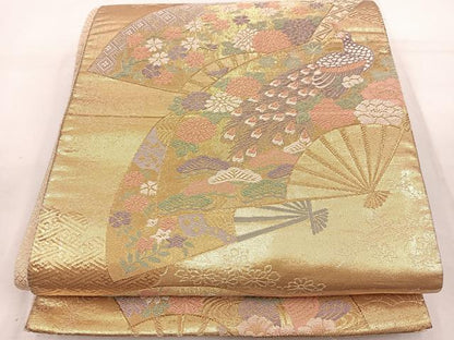 平和屋着物◎佐賀錦　六通柄袋帯　唐織　九百錦　扇面孔雀花文　金糸　正絹　逸品　BAAV9337mz