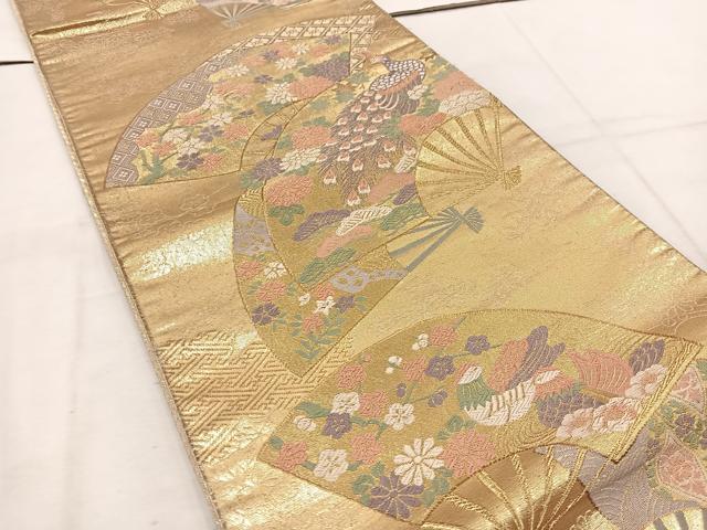 平和屋着物◎佐賀錦　六通柄袋帯　唐織　九百錦　扇面孔雀花文　金糸　正絹　逸品　BAAV9337mz