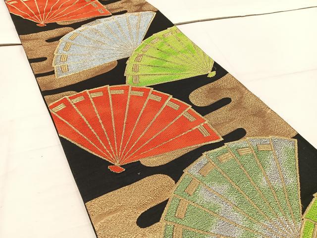 平和屋着物◎六通柄袋帯 唐織 檜扇 黒地 金糸 正絹 逸品 BAAV9339mz