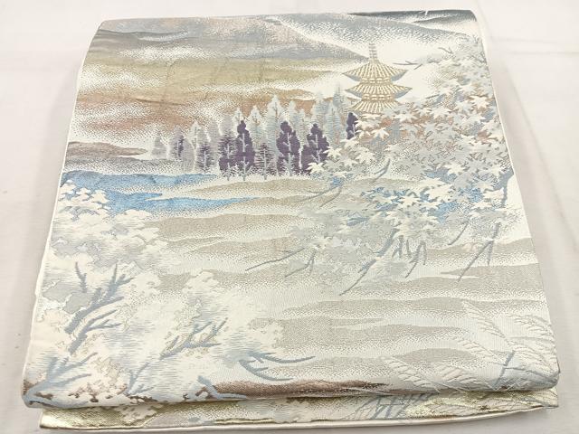 平和屋着物◎六通柄袋帯 唐織 風景花文 金銀糸 正絹 逸品 BAAV9343mz