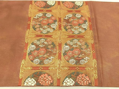 平和屋着物◎太鼓柄袋帯　唐織　草花丸文　金糸　引箔　正絹　逸品　BAAV9376mz