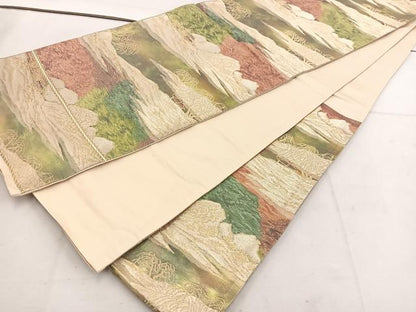 平和屋着物◎六通柄袋帯　風景文　金糸　引箔　正絹　逸品　BAAV9378mz