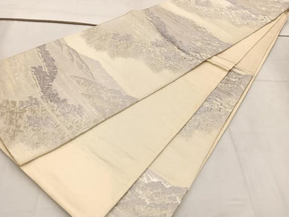 平和屋着物◎六通柄袋帯　唐織　遠山文　銀糸　正絹　逸品　BAAV9383mz