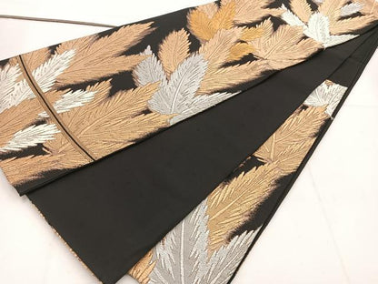 平和屋着物◎西陣 六通柄袋帯 草葉文 黒地 金銀糸 正絹 逸品 BAAV9388mz