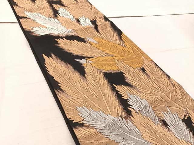 平和屋着物◎西陣 六通柄袋帯 草葉文 黒地 金銀糸 正絹 逸品 BAAV9388mz