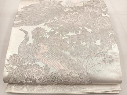 平和屋着物◎六通柄袋帯　唐織　孔雀花文　銀糸　正絹　逸品　BAAV9389mz