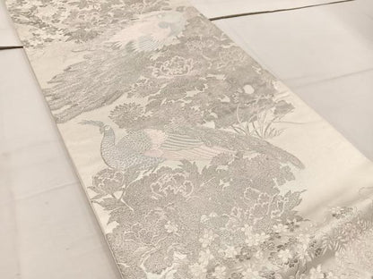平和屋着物◎六通柄袋帯　唐織　孔雀花文　銀糸　正絹　逸品　BAAV9389mz