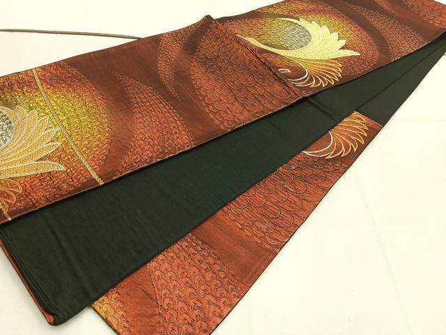 平和屋着物◎六通柄袋帯 孔雀羽飛鶴文 金銀糸 正絹 逸品 BAAV9399mz