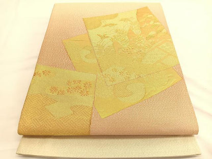 平和屋着物◎太鼓柄袋帯　綴れ　色紙飛鶴風景文　金糸　正絹　逸品　BAAV9441hv