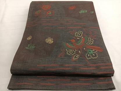 平和屋着物◎六通柄袋帯　紬地　明日香　花鳥文　正絹　逸品　BAAV9446hv