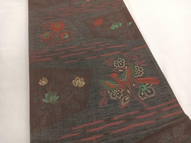 平和屋着物◎六通柄袋帯　紬地　明日香　花鳥文　正絹　逸品　BAAV9446hv