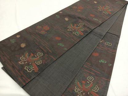 平和屋着物◎六通柄袋帯　紬地　明日香　花鳥文　正絹　逸品　BAAV9446hv