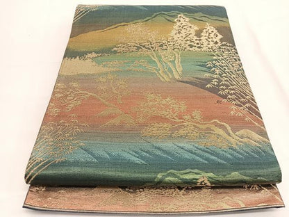平和屋着物◎六通柄袋帯　遠山風景文　金糸　正絹　逸品　BAAV9459hv