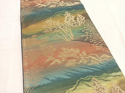 平和屋着物◎六通柄袋帯　遠山風景文　金糸　正絹　逸品　BAAV9459hv