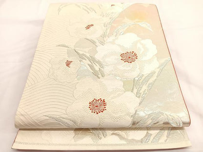 平和屋着物◎六通柄袋帯　唐織　草花文　銀糸　正絹　逸品　BAAV9471hv