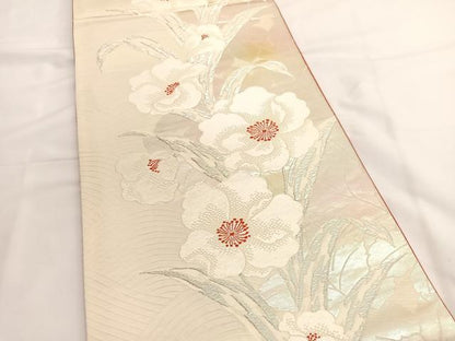 平和屋着物◎六通柄袋帯　唐織　草花文　銀糸　正絹　逸品　BAAV9471hv