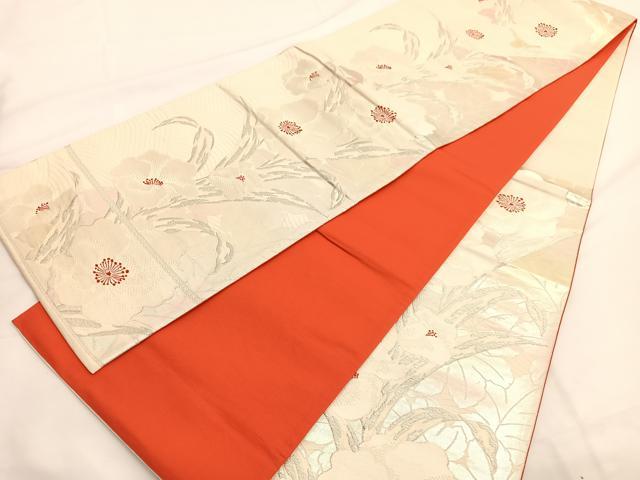 平和屋着物◎六通柄袋帯　唐織　草花文　銀糸　正絹　逸品　BAAV9471hv