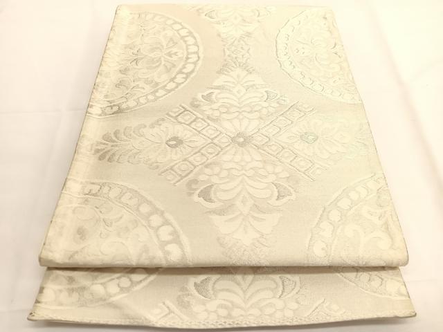 平和屋着物◎六通柄袋帯　唐織　花菱丸文　銀糸　正絹　逸品　BAAV9472hv