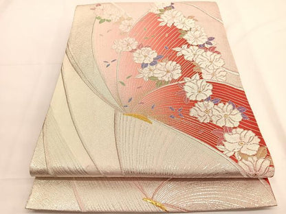 平和屋着物◎六通柄袋帯　唐織　花蝶文　金銀糸　正絹　逸品　BAAV9475hv