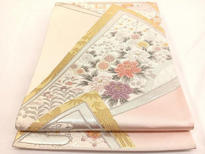 平和屋着物◎六通柄袋帯 唐織 鳳凰扇面花文 金銀糸 正絹 逸品 BAAV9476hv