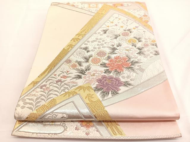 平和屋着物◎六通柄袋帯 唐織 鳳凰扇面花文 金銀糸 正絹 逸品 BAAV9476hv
