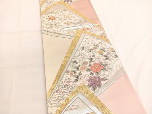 平和屋着物◎六通柄袋帯 唐織 鳳凰扇面花文 金銀糸 正絹 逸品 BAAV9476hv