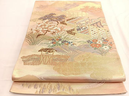 平和屋着物◎六通柄袋帯 唐織 流水風景花文 金糸 正絹 逸品 BAAV9494hv