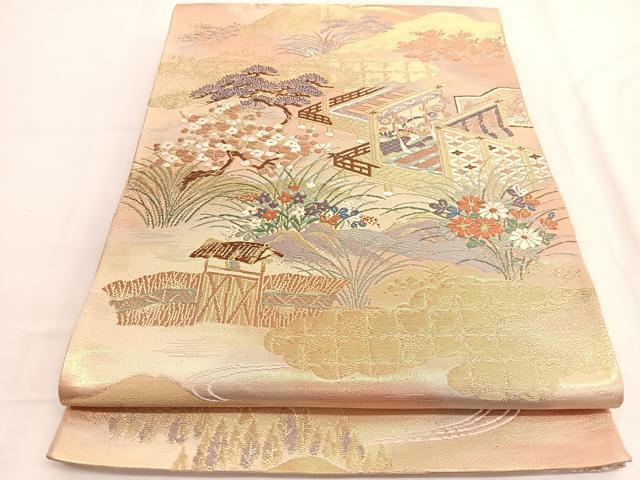 平和屋着物◎六通柄袋帯 唐織 流水風景花文 金糸 正絹 逸品 BAAV9494hv