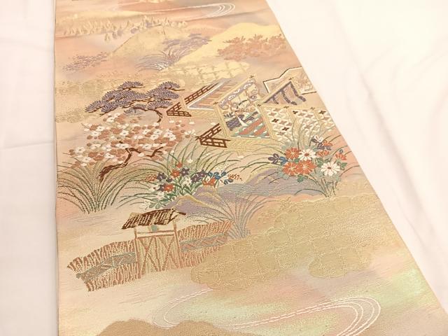 平和屋着物◎六通柄袋帯 唐織 流水風景花文 金糸 正絹 逸品 BAAV9494hv