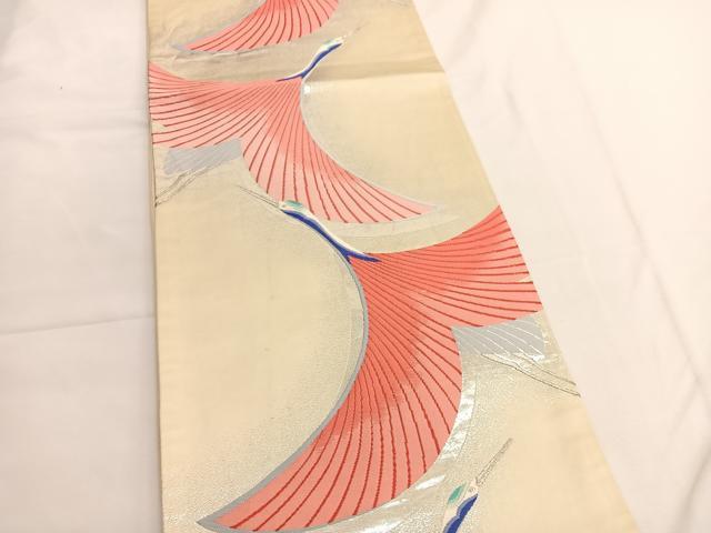 平和屋着物◎六通柄袋帯　唐織　飛鶴文　銀糸　正絹　逸品　BAAV9547hv