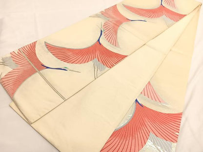 平和屋着物◎六通柄袋帯　唐織　飛鶴文　銀糸　正絹　逸品　BAAV9547hv