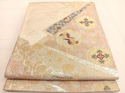 平和屋着物◎六通柄袋帯　向かい鳳凰切嵌花文　金銀糸　正絹　逸品　BAAV9549hv