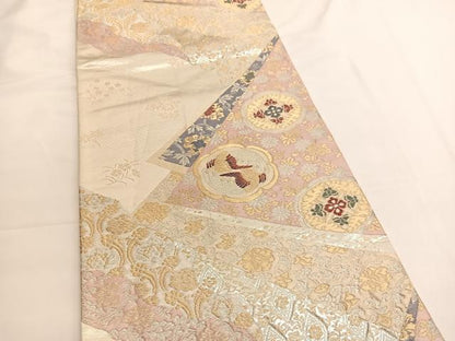 平和屋着物◎六通柄袋帯　向かい鳳凰切嵌花文　金銀糸　正絹　逸品　BAAV9549hv