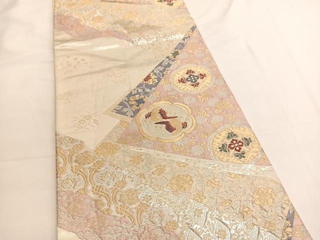 平和屋着物◎六通柄袋帯　向かい鳳凰切嵌花文　金銀糸　正絹　逸品　BAAV9549hv